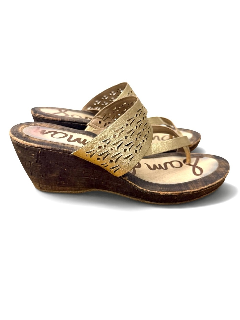 Sam Edelman Nylee Gold Metallic Leather Laser Cut Distressed Cork Wedge  8.5